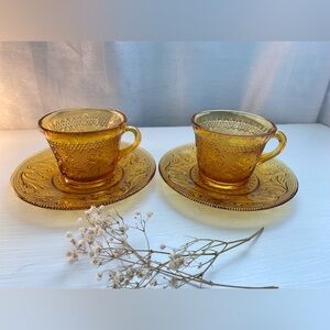 Vintage Amber Tiara Indiana Glass Cup And Saucer - Set Of Two
